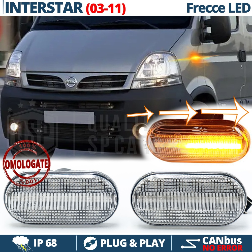 Frecce LED Dinamiche per Nissan Interstar (03-11), Laterali SEQUENZIALI Omologate, CANbus No Errori Frecce LED Dinamiche per Nissan Interstar (03-11), Laterali SEQUENZIALI Omologate, CANbus No Errori
