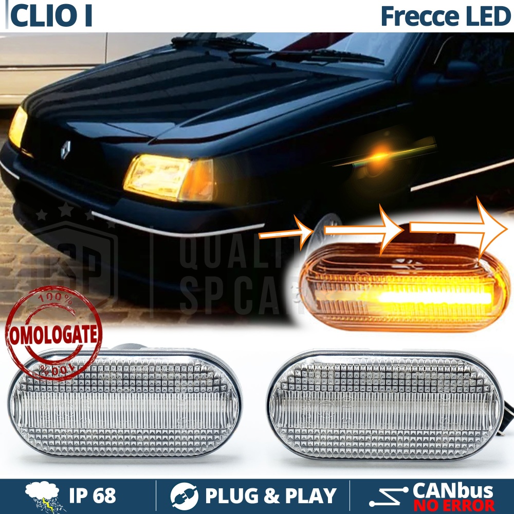 Frecce LED Dinamiche per Renault CLIO 1, Laterali SEQUENZIALI Omologate, CANbus No Errori Frecce LED Dinamiche per Renault CLIO 1, Laterali SEQUENZIALI Omologate, CANbus No Errori
