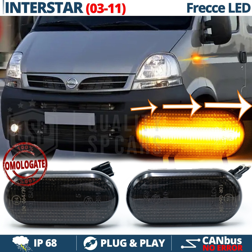 Frecce LED Dinamiche per Nissan Interstar (03-11), Laterali SEQUENZIALI Omologate, Nere, CANbus No Errori Frecce LED Dinamiche per Nissan Interstar (03-11), Laterali SEQUENZIALI Omologate, Nere, CANbus No Errori