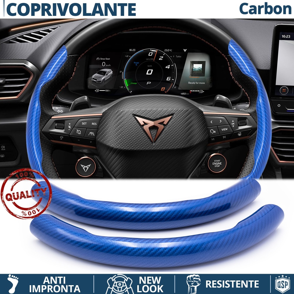 FUNDA VOLANTE para Cupra, Efecto FIBRA DE CARBONO Azul Deportivo FINO Antideslizante FUNDA VOLANTE para Cupra, Efecto FIBRA DE CARBONO Azul Deportivo FINO Antideslizante