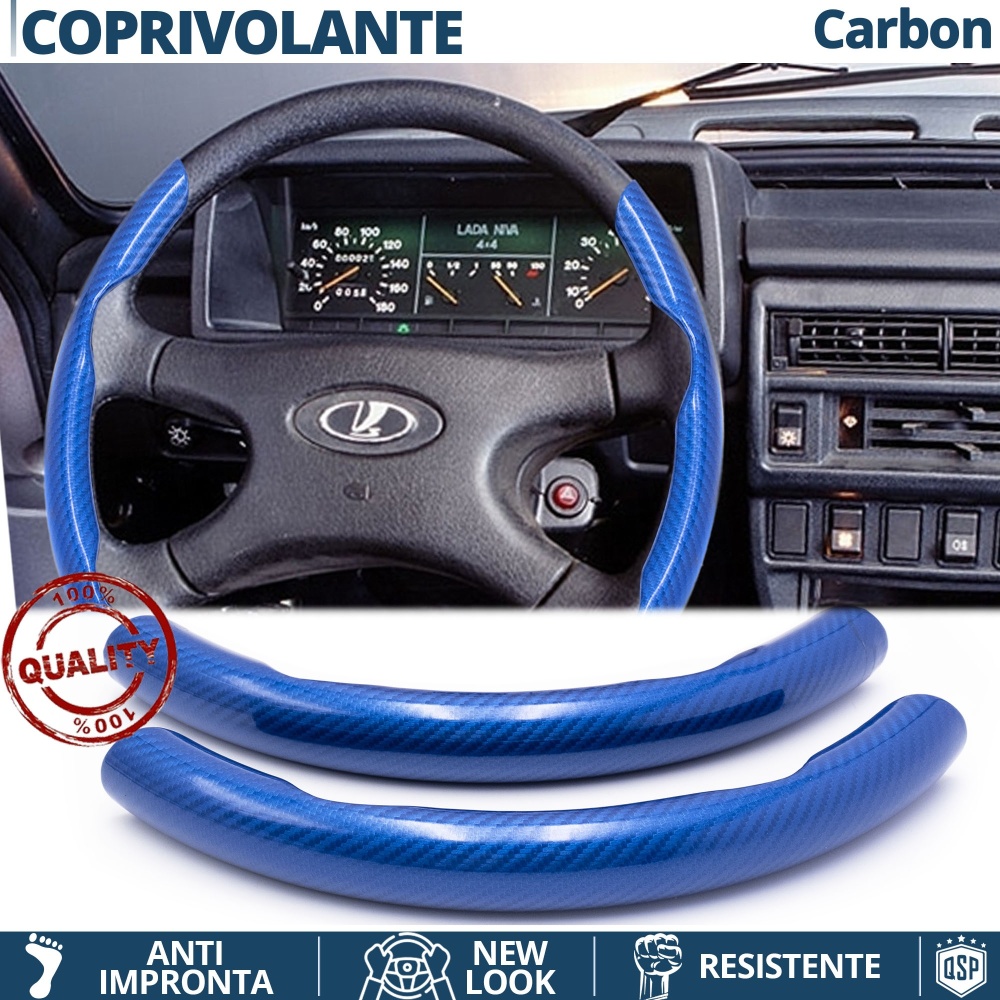 STEERING WHEEL COVER Blue for Lada, Carbon Fiber Effect THIN Non-Slip