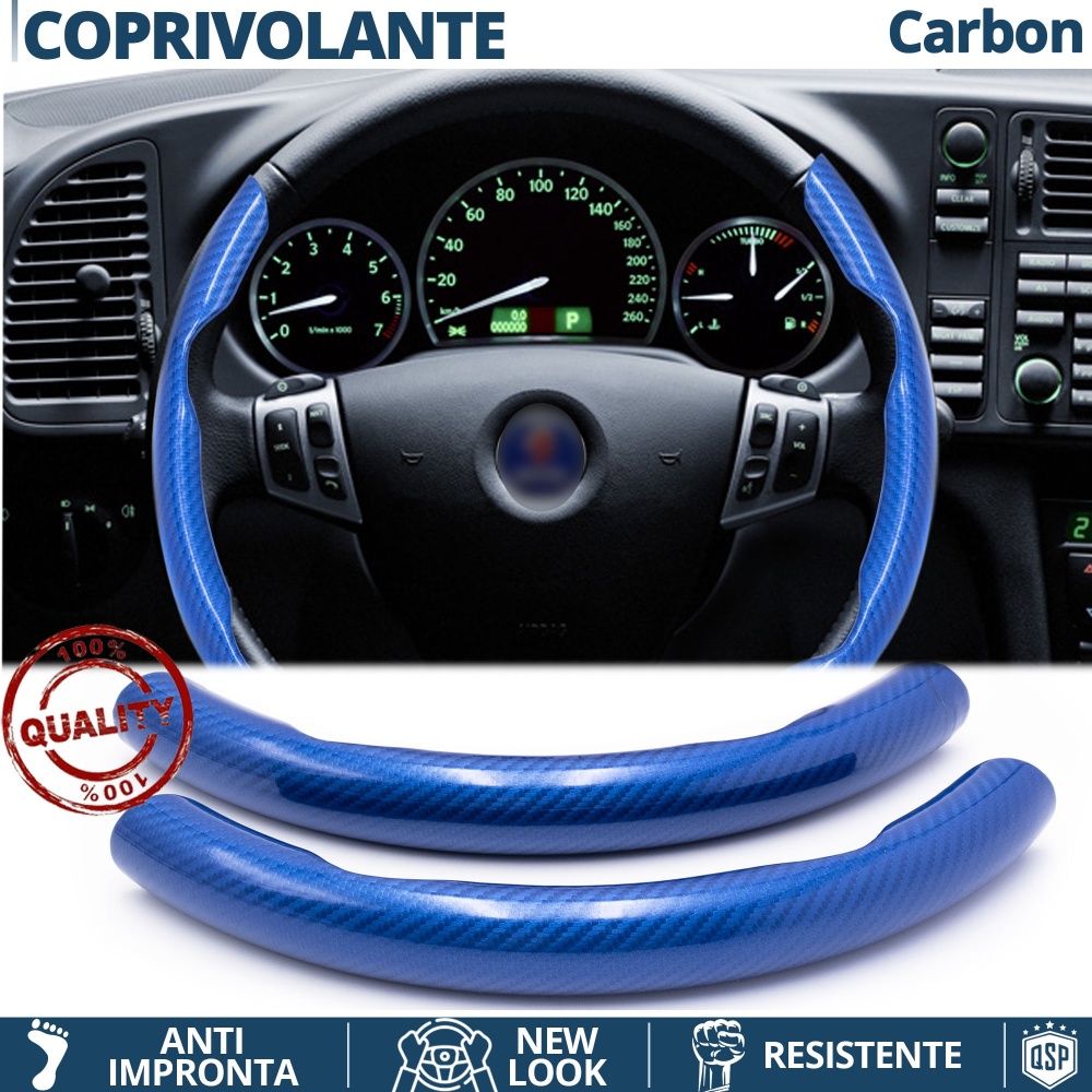 COPRIVOLANTE Per Saab, Effetto FIBRA DI CARBONIO Blu SOTTILE Sportivo Antiscivolo