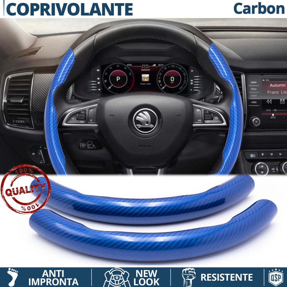 FUNDA VOLANTE para Skoda, Efecto FIBRA DE CARBONO Azul Deportivo FINO Antideslizante FUNDA VOLANTE para Skoda, Efecto FIBRA DE CARBONO Azul Deportivo FINO Antideslizante