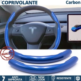 FUNDA VOLANTE para Tesla, Efecto FIBRA DE CARBONO Azul Deportivo FINO Antideslizante