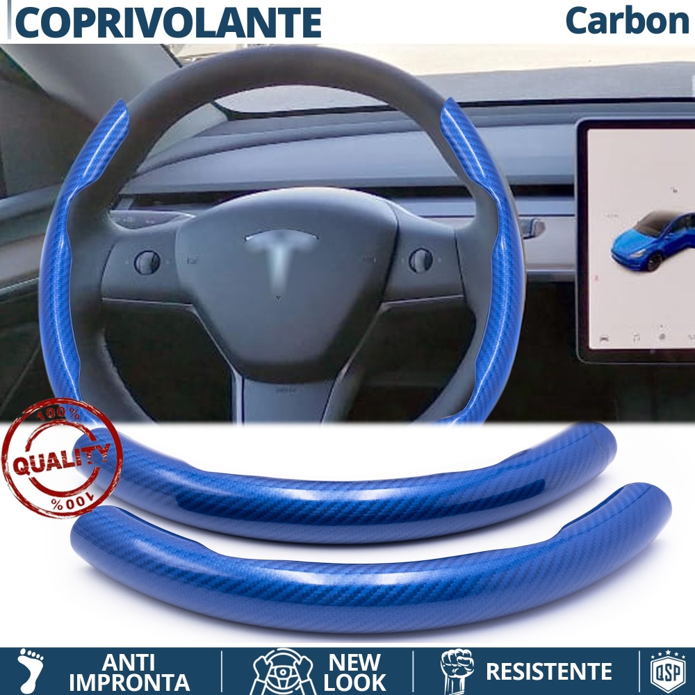 FUNDA VOLANTE para Tesla, Efecto FIBRA DE CARBONO Azul Deportivo FINO Antideslizante FUNDA VOLANTE para Tesla, Efecto FIBRA DE CARBONO Azul Deportivo FINO Antideslizante