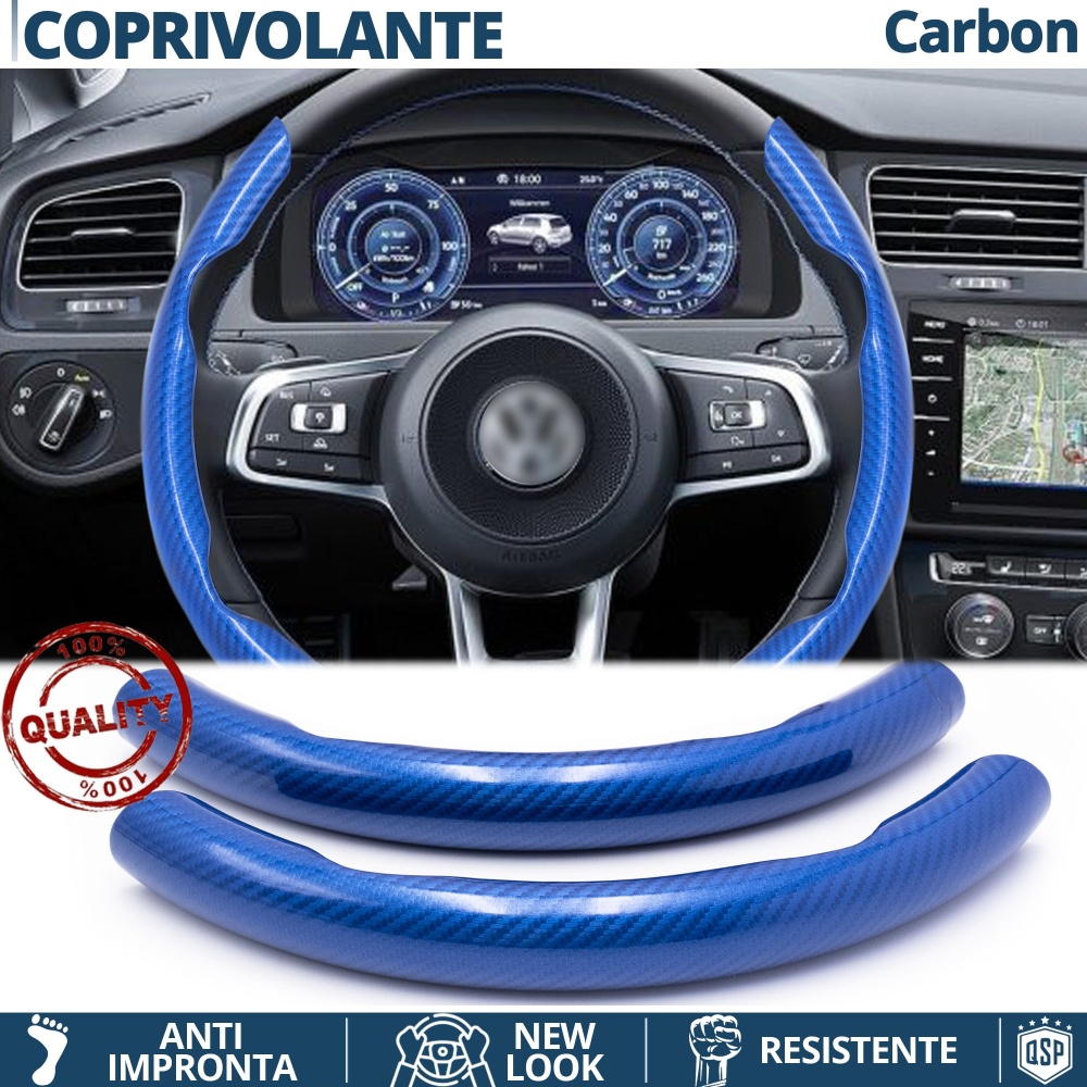 COPRIVOLANTE Per Volkswagen, Effetto FIBRA DI CARBONIO Blu SOTTILE Sportivo Antiscivolo