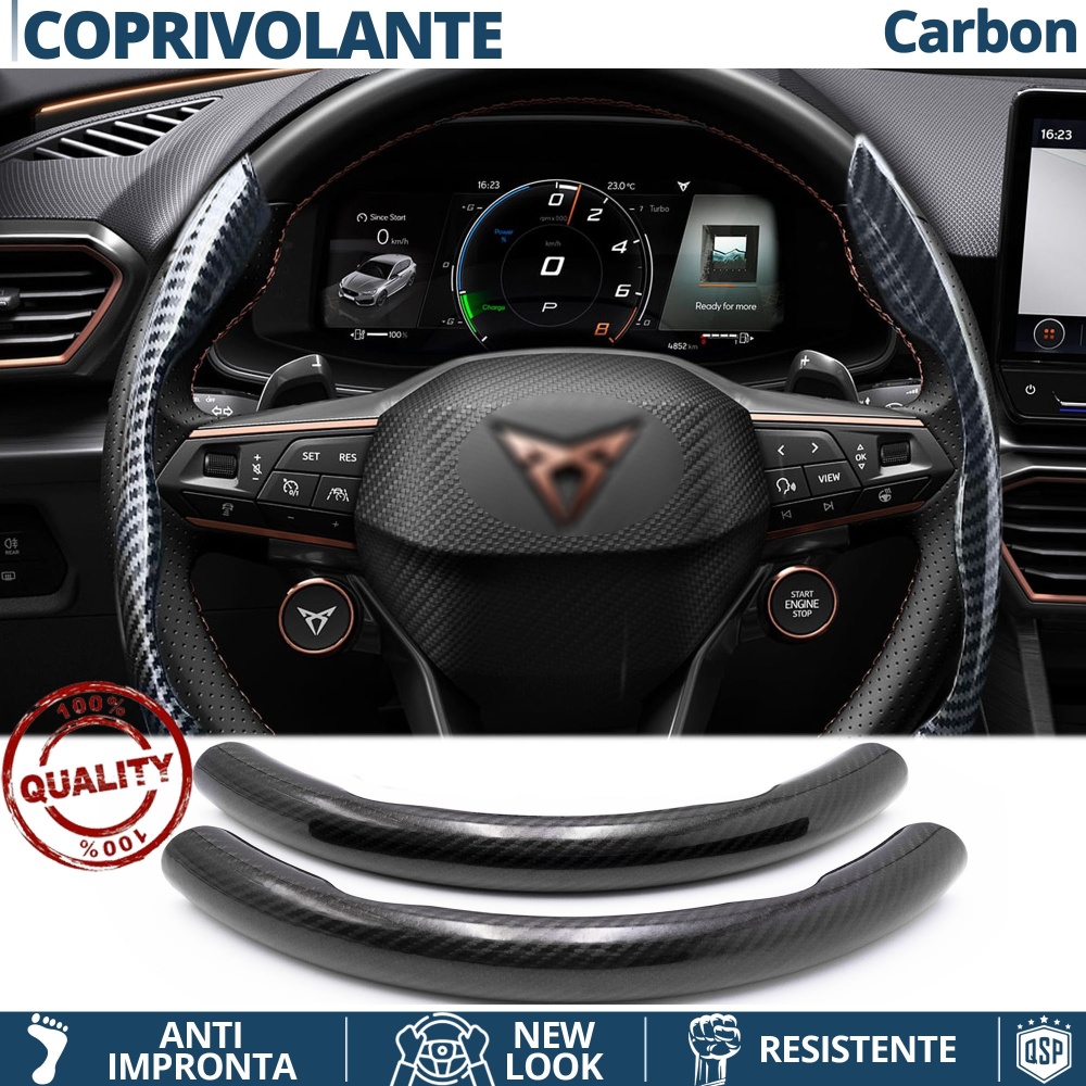 FUNDA VOLANTE para Cupra, Efecto FIBRA DE CARBONO Negro Deportivo FINO Antideslizante FUNDA VOLANTE para Cupra, Efecto FIBRA DE CARBONO Negro Deportivo FINO Antideslizante