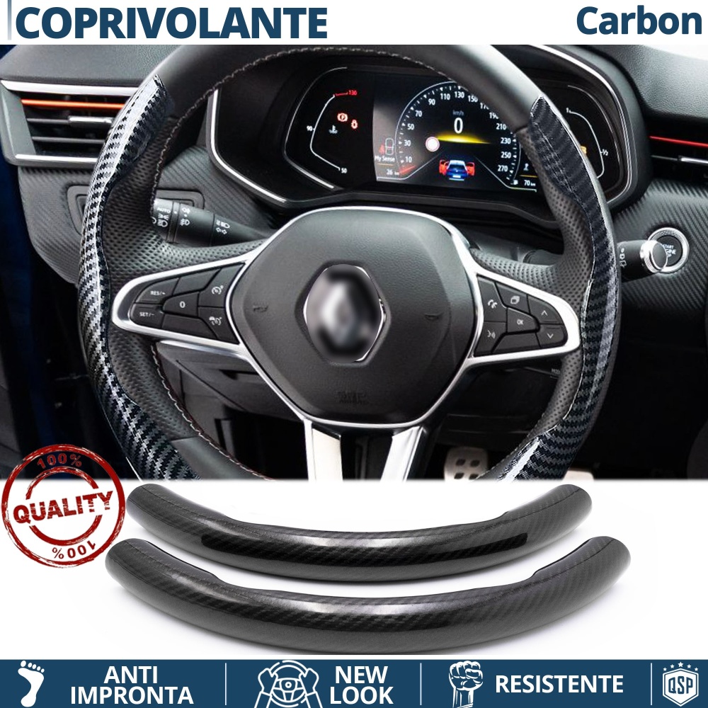 COPRIVOLANTE Per Renault, Effetto FIBRA DI CARBONIO Nero SOTTILE Sportivo Antiscivolo