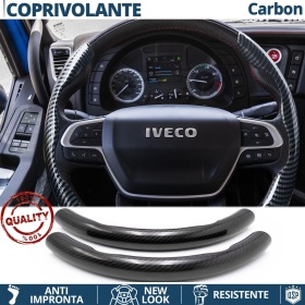 FUNDA VOLANTE para Iveco, Efecto FIBRA DE CARBONO Negro Deportivo FINO Antideslizante