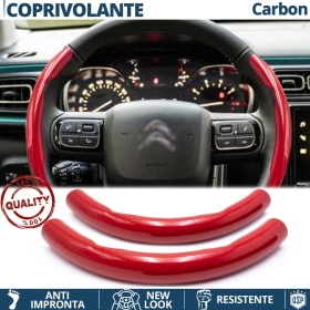 FUNDA VOLANTE para Citroen, Efecto FIBRA DE CARBONO Rojo Deportivo FINO Antideslizante