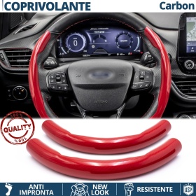 FUNDA VOLANTE para Ford, Efecto FIBRA DE CARBONO Rojo Deportivo FINO Antideslizante