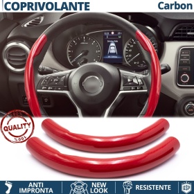 FUNDA VOLANTE para Nissan, Efecto FIBRA DE CARBONO Rojo Deportivo FINO Antideslizante