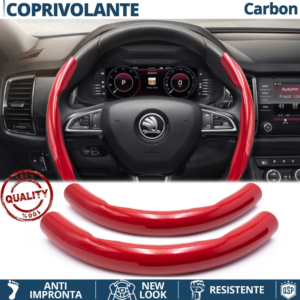 FUNDA VOLANTE para Skoda, Efecto FIBRA DE CARBONO Rojo Deportivo FINO Antideslizante FUNDA VOLANTE para Skoda, Efecto FIBRA DE CARBONO Rojo Deportivo FINO Antideslizante