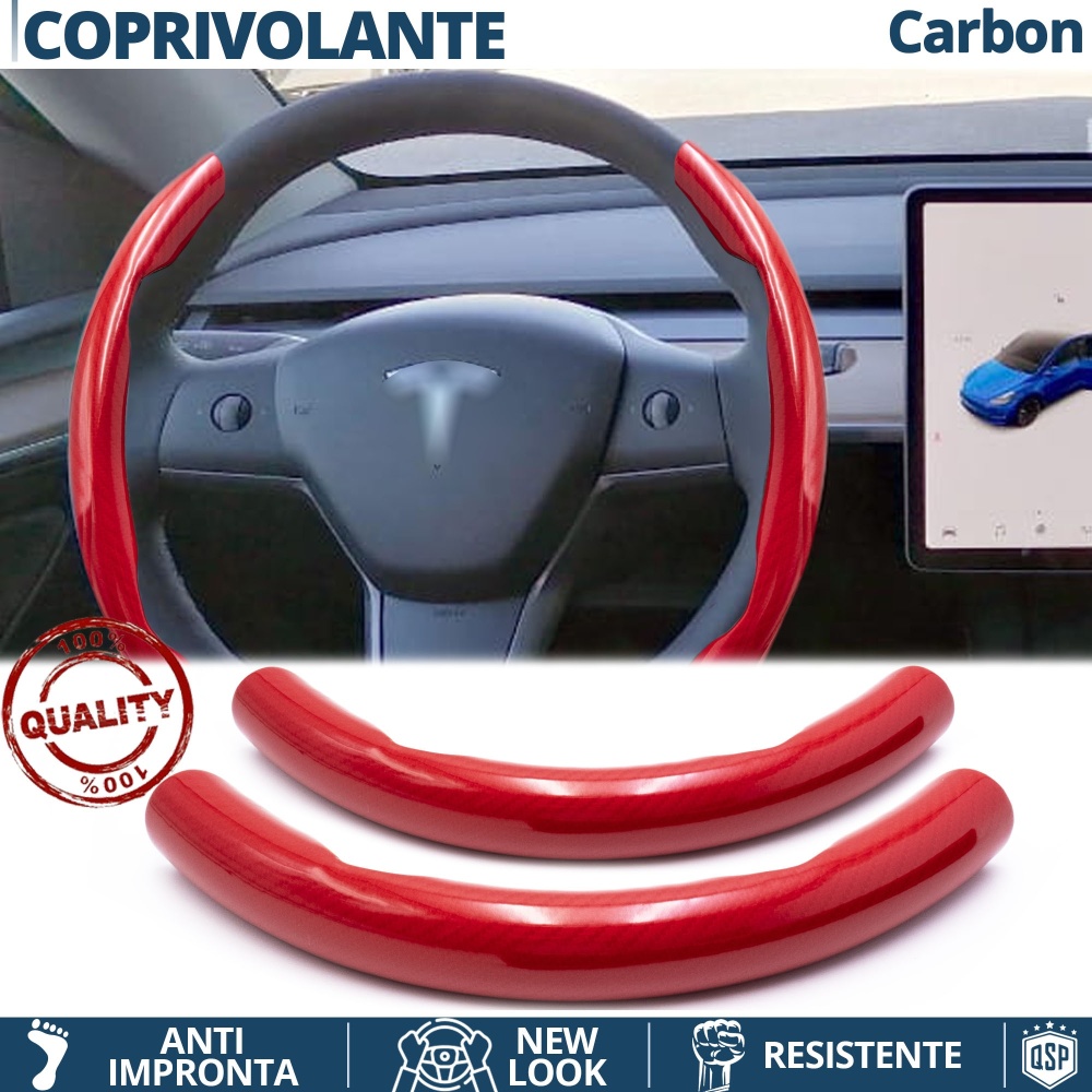 FUNDA VOLANTE para Tesla, Efecto FIBRA DE CARBONO Rojo Deportivo FINO Antideslizante FUNDA VOLANTE para Tesla, Efecto FIBRA DE CARBONO Rojo Deportivo FINO Antideslizante