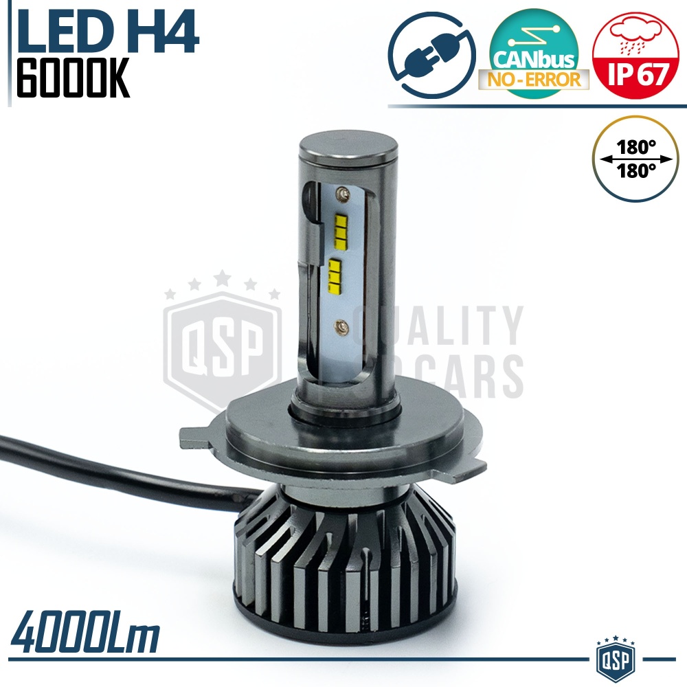 1 Bombilla LED H4 CANbus 4000LM | Luz Blanca 6000K | Conversión Profesional de Halógena H4 a LED