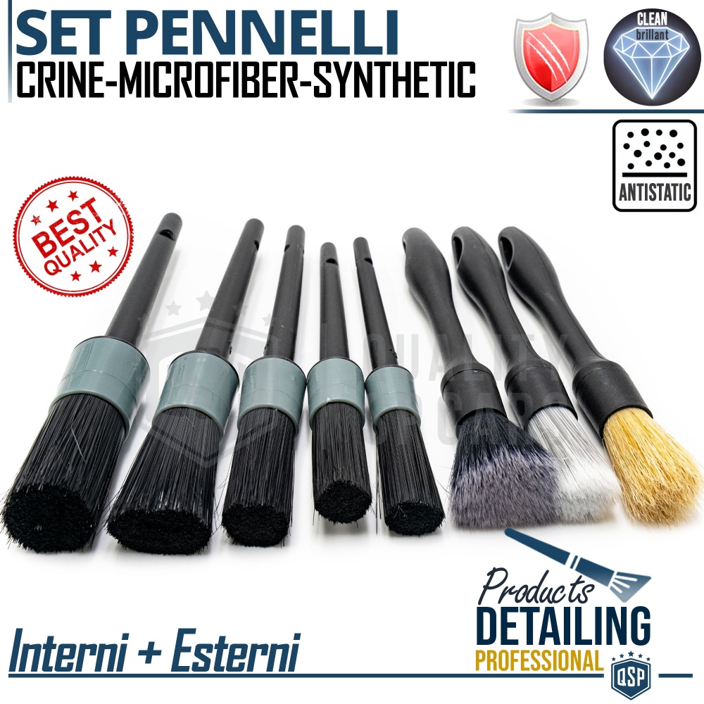 SET 8 Pennelli DETAILING Pulizia Auto Interni Esterni Professionale | Antigraffio Antistatici in ABS