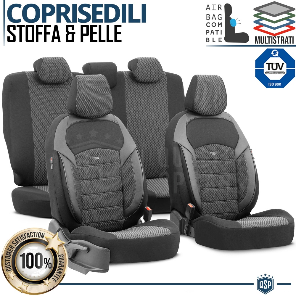 FUNDAS ASIENTO de Coche Universales, COMPLETO Delantero + Trasero en Tejido y Cuero PU | TUV - SISTEMA AIRBAG