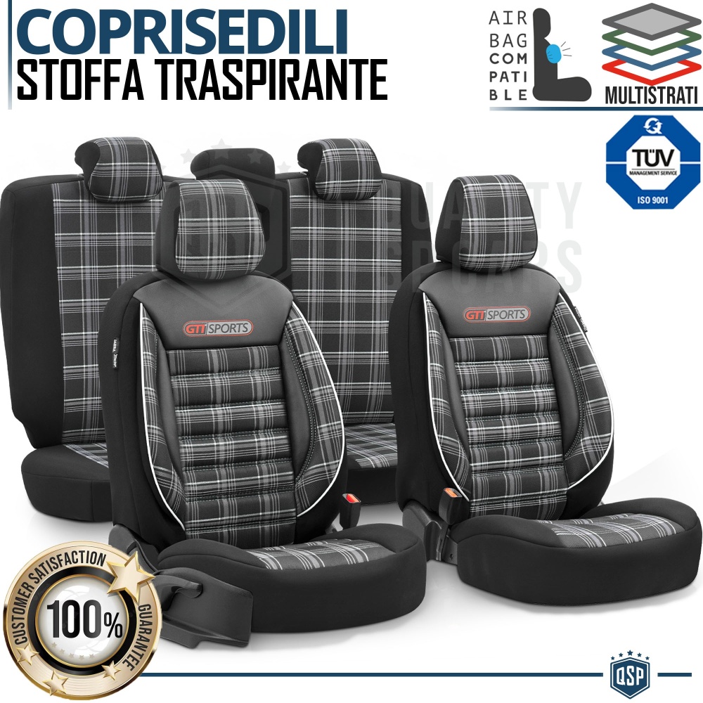FUNDAS ASIENTOS Coche Universales COMPLETOS OtoM GTI Sports en Cuero Pu y Tela a Cuadros | TUV - AIRBAG SYSTEM