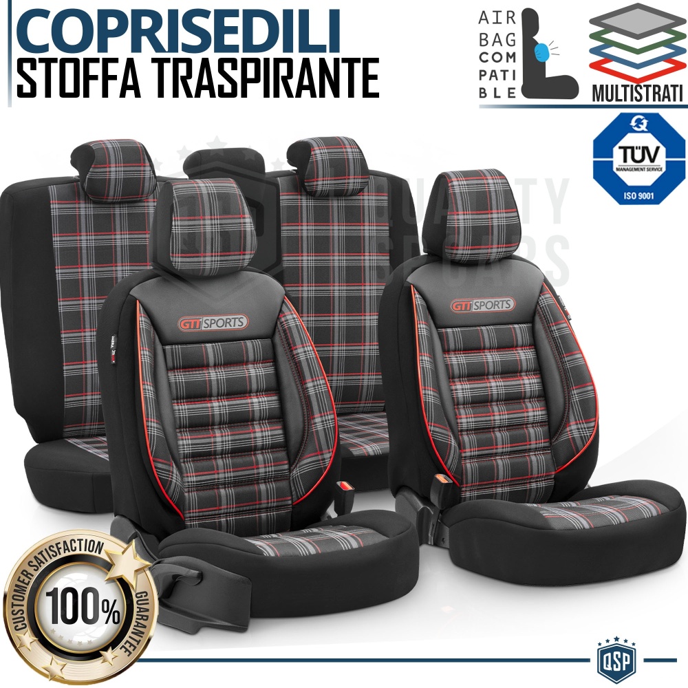 FUNDAS ASIENTOS Coche Universales COMPLETOS OtoM GTI Sports en Cuero Pu y Tela a Cuadros Rojos | TUV - AIRBAG SYSTEM