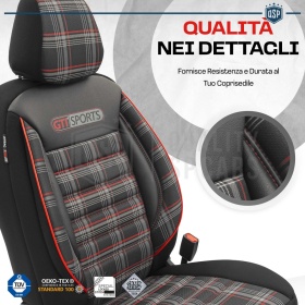 FUNDAS ASIENTOS Coche Universales COMPLETOS OtoM GTI Sports en Cuero Pu y Tela a Cuadros Rojos | TUV - AIRBAG SYSTEM