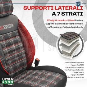 FUNDAS ASIENTOS Coche Universales COMPLETOS OtoM GTI Sports en Cuero Pu y Tela a Cuadros Rojos | TUV - AIRBAG SYSTEM