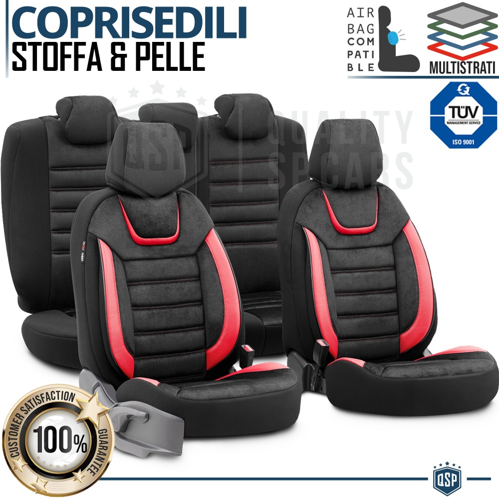 FUNDAS ASIENTOS Coche Universales Cuero Rojo Pu y Efecto Ante, COMPLETO Delantero + Trasero | TUV - AIRBAG SYSTEM