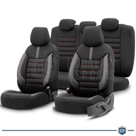 FUNDAS DE ASIENTO para Isuzu D-Max en CUERO PU, Tejido, Costuras ROJAS | COMPLETO Delantero + Trasero | Certificados TÜV