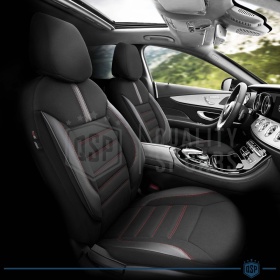 FUNDAS DE ASIENTO para Ssangyong Rexton en CUERO PU, Tejido, Costuras ROJAS | COMPLETO Delantero + Trasero | Certificados TÜV