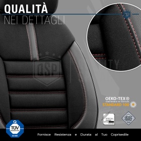 FUNDAS DE ASIENTO para Ssangyong Musso en CUERO PU, Tejido, Costuras ROJAS | COMPLETO Delantero + Trasero | Certificados TÜV