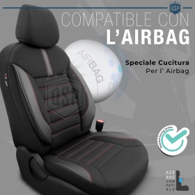 FUNDAS DE ASIENTO para Ssangyong Musso en CUERO PU, Tejido, Costuras ROJAS | COMPLETO Delantero + Trasero | Certificados TÜV