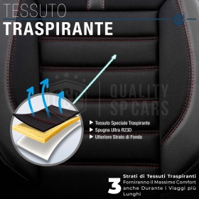 FUNDAS DE ASIENTO para Ssangyong Musso en CUERO PU, Tejido, Costuras ROJAS | COMPLETO Delantero + Trasero | Certificados TÜV