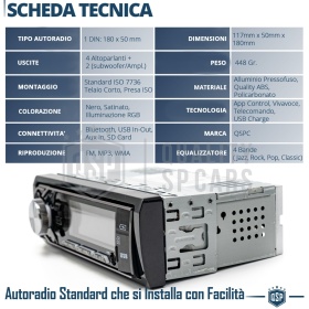Radio de Coche 1 DIN Bluetooth, 6 Salidas | Radio FM, Reproductor MP3 WMA | USB, SD, AUX, Control con APP