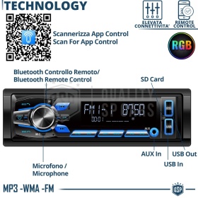 Radio de Coche 1 DIN Bluetooth, 6 Salidas | Radio FM, Reproductor MP3 WMA | USB, SD, AUX, Control con APP