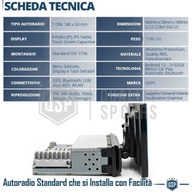 Radio de Coche 1 DIN Bluetooth, con Pantalla 9" CARPLAY Android e iOS, Navegador GPS, USB, AUX