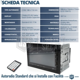 Radio de Coche 2 DIN Bluetooth, con Pantalla 7" CARPLAY Android e iOS, Navegador GPS, USB, AUX