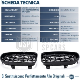 REJILLAS Delanteras para BMW Serie 1 E87 E81 E82 E88, Estilo Diamante 3D | Negro Brillante Tuning M