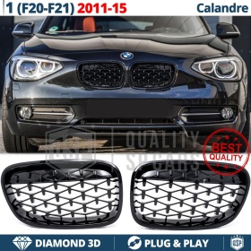 REJILLAS Delanteras para BMW Serie 1 F20 F21 (11-15), Estilo Diamante 3D | Negro Brillante Tuning M
