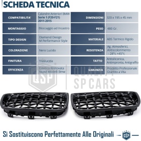 REJILLAS Delanteras para BMW Serie 1 F20 F21 (11-15), Estilo Diamante 3D | Negro Brillante Tuning M