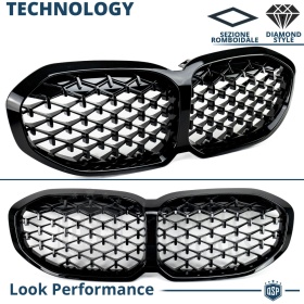 REJILLA Delanteras para BMW Serie 1 F40, Estilo Diamante 3D | Negro Brillante Tuning M