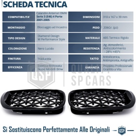 REJILLAS Delanteras para BMW Serie 3 E46 (01-05), Estilo Diamante 3D | Negro Brillante Tuning M