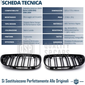 REJILLAS Delanteras para BMW Serie 3 E92 E93 (06-09), Doble Pasillo | Negro Brillante Tuning M