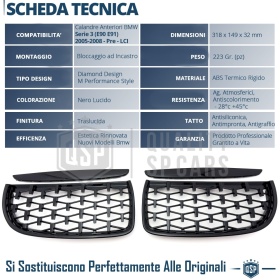 Front GRILLE for BMW 3 Series E90 E91 (05-08), Diamond 3d Design | Glossy Black Grill Tuning M
