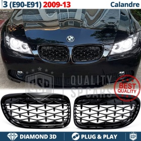 REJILLAS Delanteras para BMW Serie 3 E90 E91 (08-13), Estilo Diamante 3D | Negro Brillante Tuning M