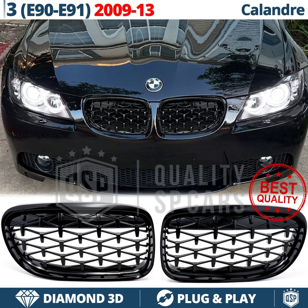 REJILLAS Delanteras para BMW Serie 3 E90 E91 (08-13), Estilo Diamante 3D | Negro Brillante Tuning M