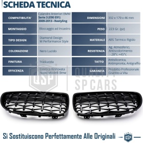 REJILLAS Delanteras para BMW Serie 3 E90 E91 (08-13), Estilo Diamante 3D | Negro Brillante Tuning M