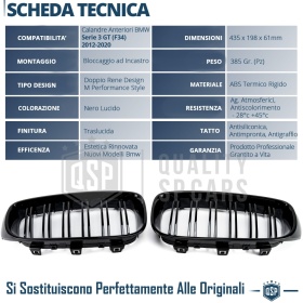REJILLAS Delanteras para BMW Serie 3 GT F34, Doble Pasillo | Negro Brillante Tuning M