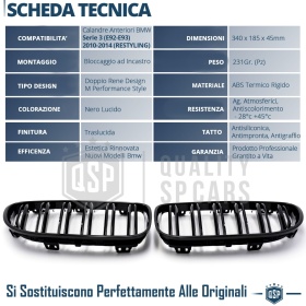 REJILLAS Delanteras para BMW Serie 3 E92 E93 (10-14), Doble Pasillo | Negro Brillante Tuning M3