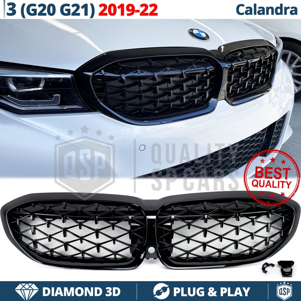 REJILLA Delanteras para BMW Serie 3 G20 G21 (19-22), Estilo Diamante 3D | Negro Brillante Tuning M