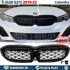 REJILLA Delanteras para BMW Serie 3 G20 G21 (19-22), Estilo Diamante 3D | Negro Brillante Tuning M