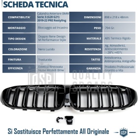 REJILLA Delanteras para BMW Serie 3 G20 G21 (19-22), Doble Pasillo | Negro Brillante Tuning M
